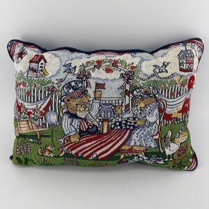 Vintage Natco Tapestry Throw Pillow Americana Bears, Summer, 4th of July, USA